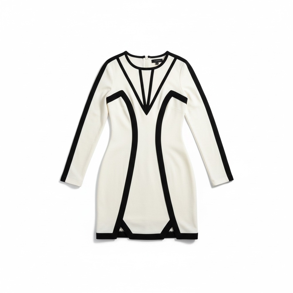 bebe White Long Sleeve Bodycon Dress with Black Trim